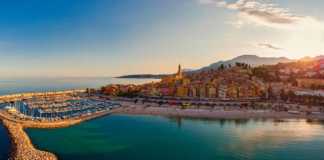 best beaches south france drone aerial view over Menton, France Europe