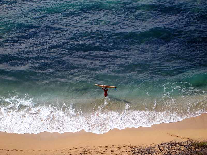 Aerial View Of Surfer Carrying Surfboard Into Water