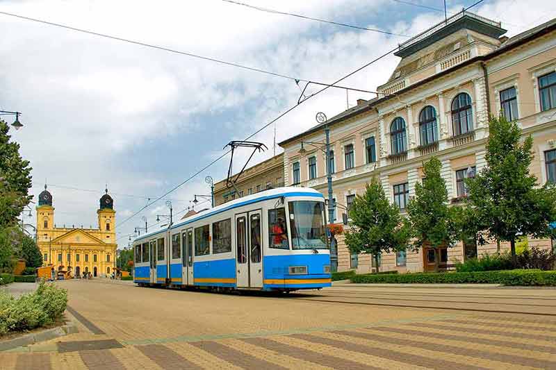 Debrecen City tram and historic buildings