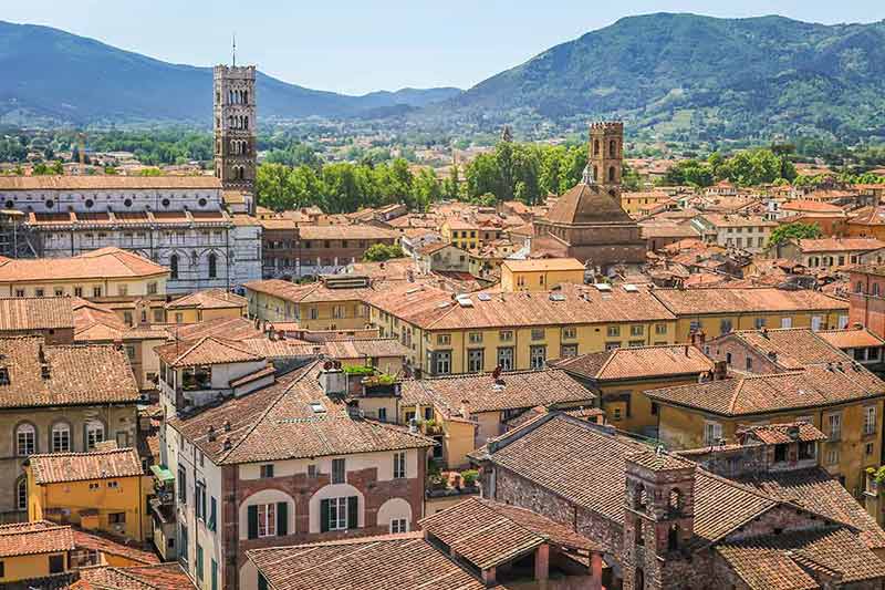 Historical Medieval Town Lucca With Old Buildings And Towers, Tuscany, Italy