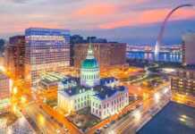 20 Missouri Cities That Are More Interesting Than You Think aerial view at night of downtown st louis