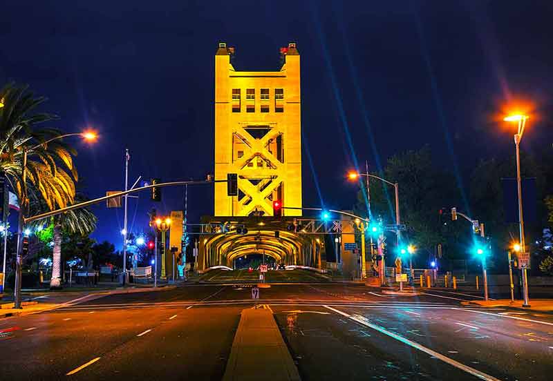 Golden Gates Drawbridge In Sacramento at night