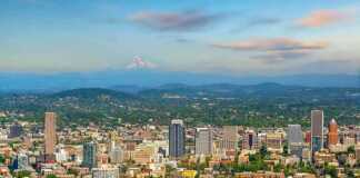 Portland City Downtown Skyline Cityscape Of Oregon, In USA