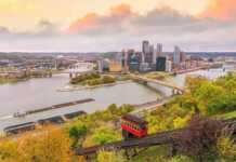 20 Pennsylvania Cities And Towns Packed With History And Charm Pittsburgh City Downtown Skyline aerial view with tram