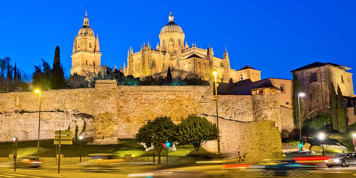 best day trips from madrid Cathedral of Salamanca at night