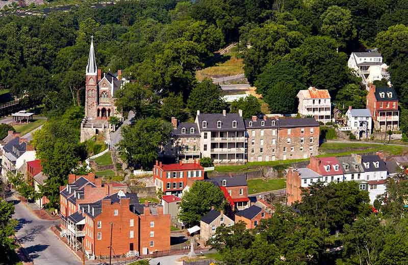 best east coast national parks aerial view of Harpers Ferry with church and old buildings
