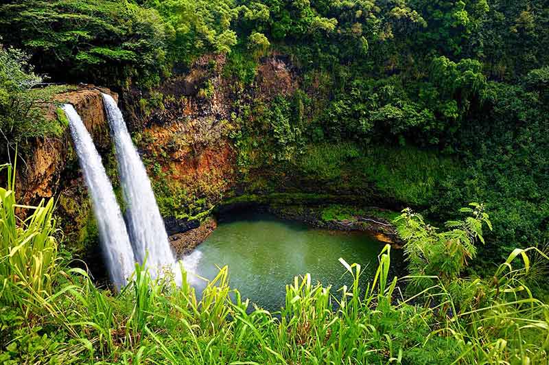 Twin Wailua waterfalls on Kauai, Hawaii