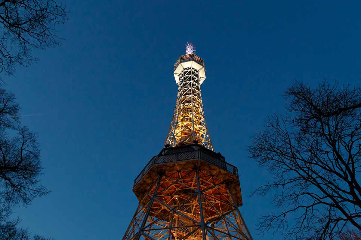 best places in prague at night petrin tower from the ground