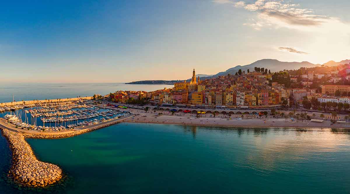 best sandy beaches in french riviera Drone aerial view over Menton, France Europe.