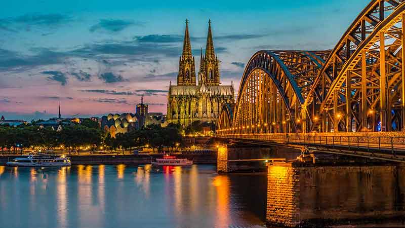 Cologne Koln Germany During Sunset, Cologne Bridge With Cathedral