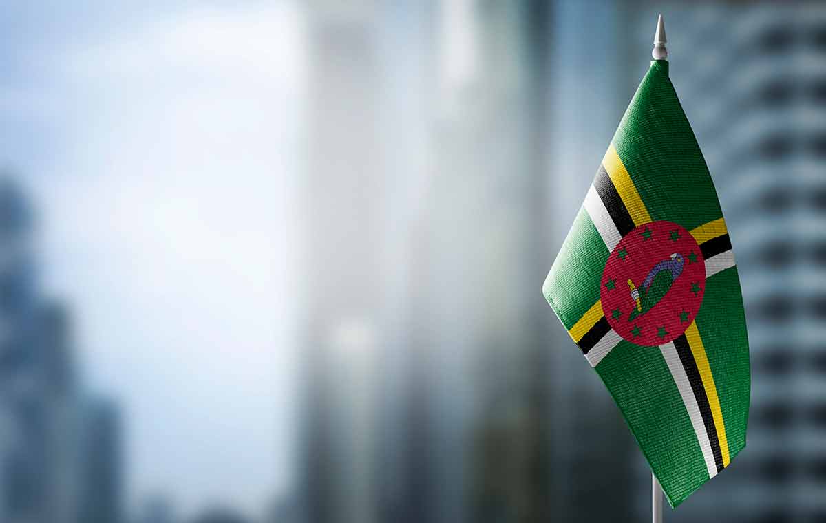 A small flag of Dominica on the background of an urban abstract blurred background.