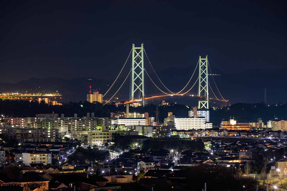 Akashi Kaikyo Suspension Bridge And Apartment Buildings