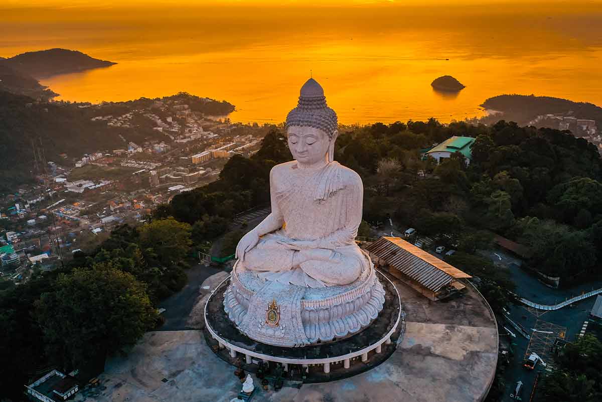 Aerial View Of Big Buddha Viewpoint At Sunset In Phuket Province, Thailand