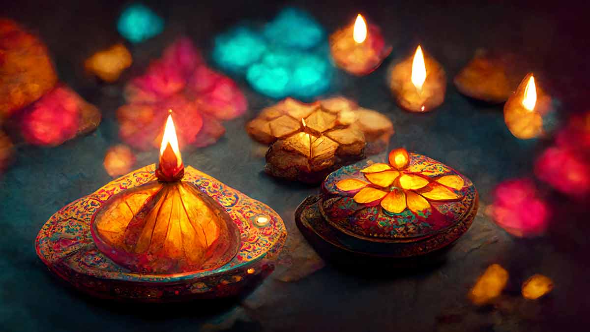 best time of the year to visit india Diwali lanterns realistic background with candles and blurred lights.