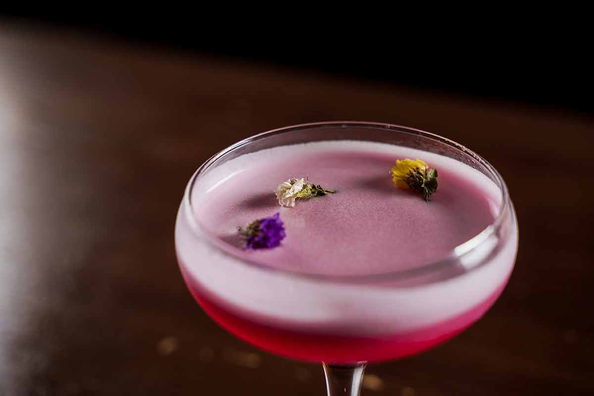 best west hollywood bars closeup with flower and cherry on bar counter.