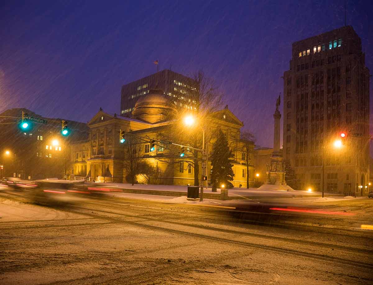 Snow storm in South Bend at night