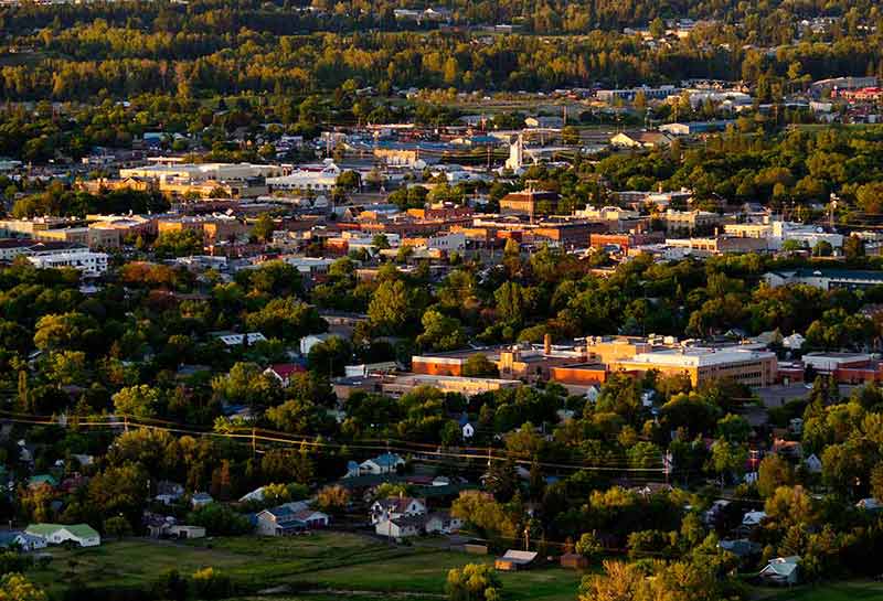 Aerial view of Downtown Kalispell at sunset