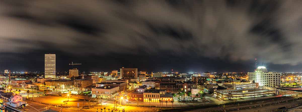 Beautiful panoramic aerial view of down town in Galveston with long exposure at night.