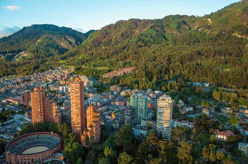 aerial view of Bogota and mountains behind the city