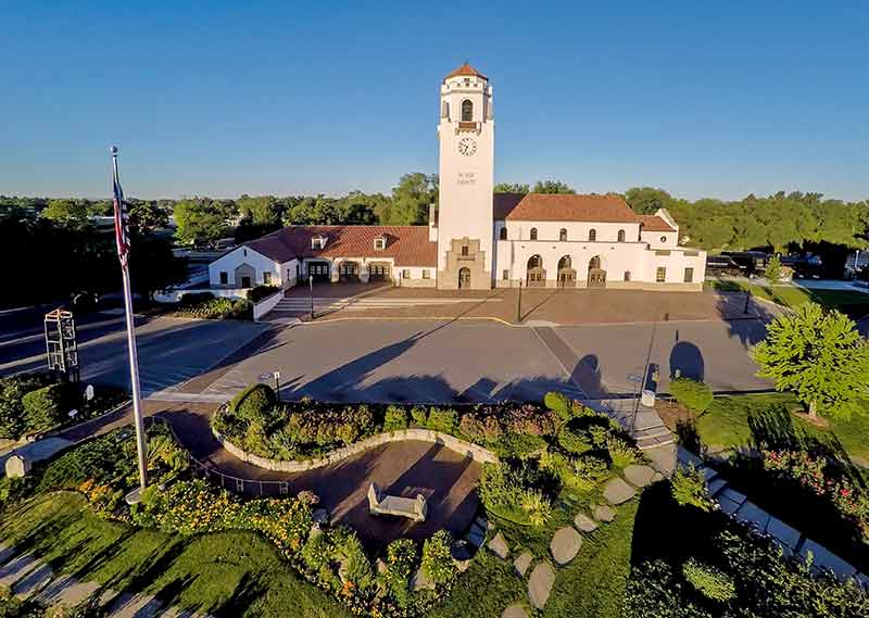 boise train depot aerial view of building and garden