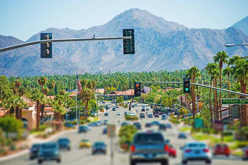 cars and traffic lights on the Palm Springs highway