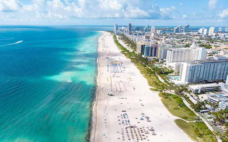 boston to miami distance drone aerial view of Miami South Beach Florida