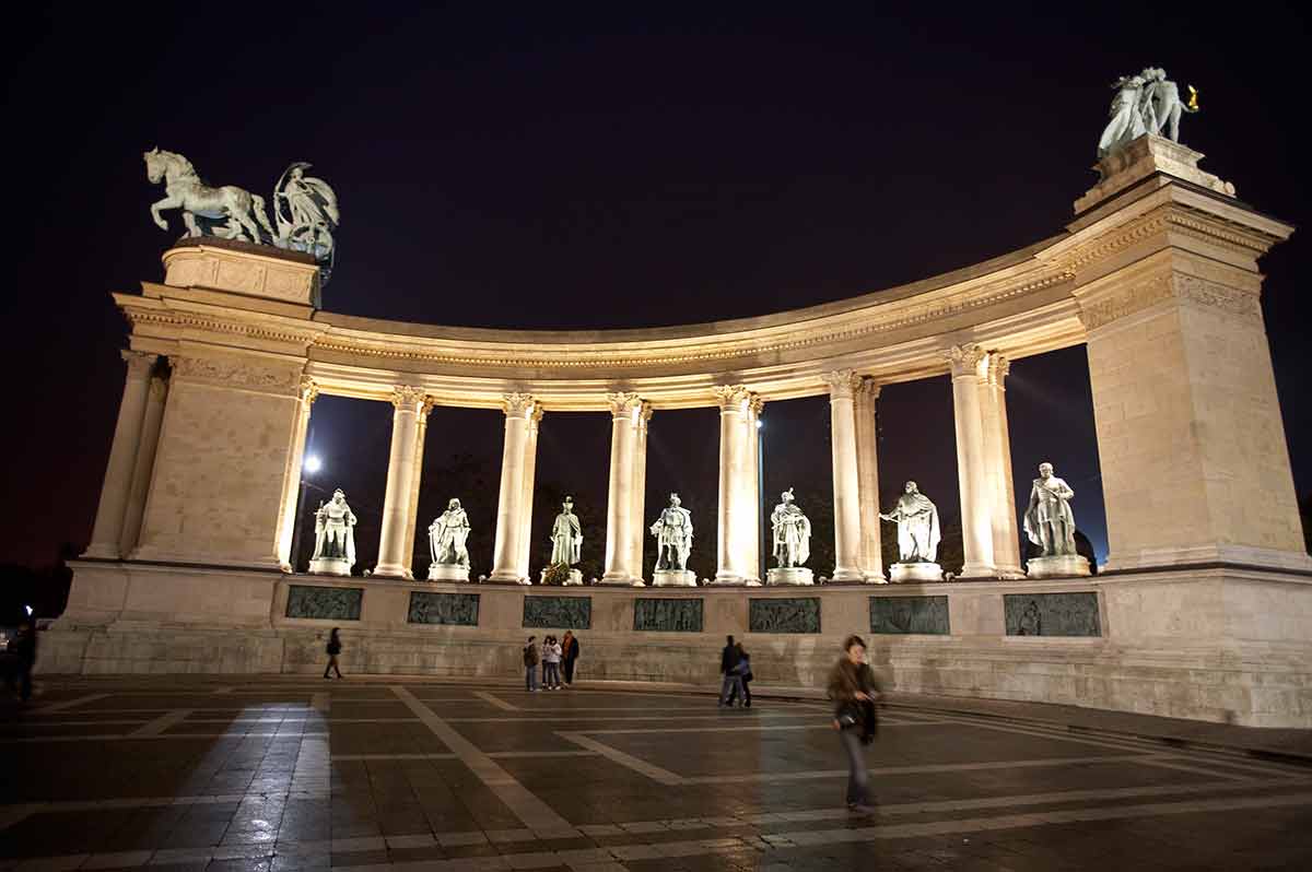 budapest hungary landmarks heroes square at night