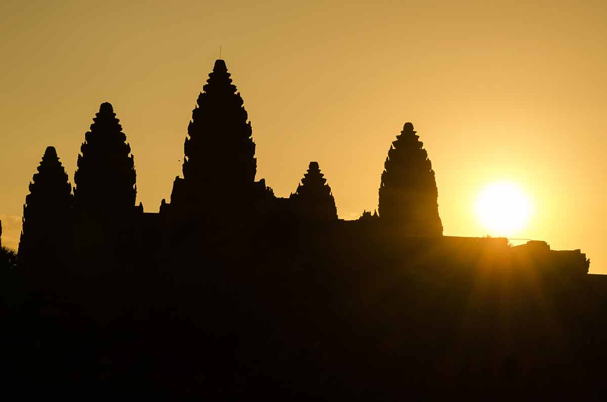 cambodia popular landmarks Silhouette of Angkor Wat at sunrise