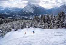 skiers in the rockies in canada in winter