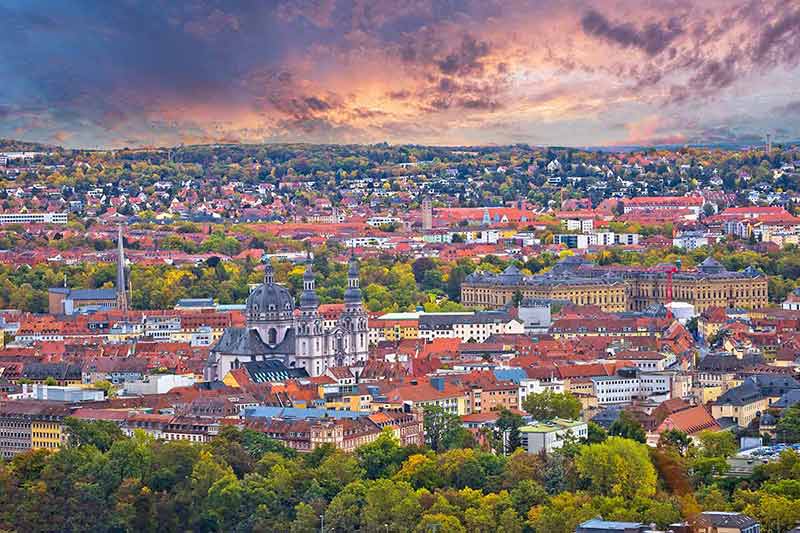 aerial view of Wurzburg Historic City centre at sunset