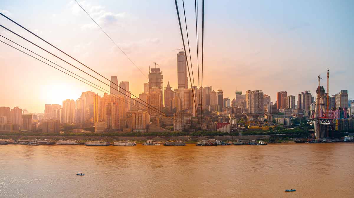 City Of Chongqing With Yangtze River At Sunset Time
