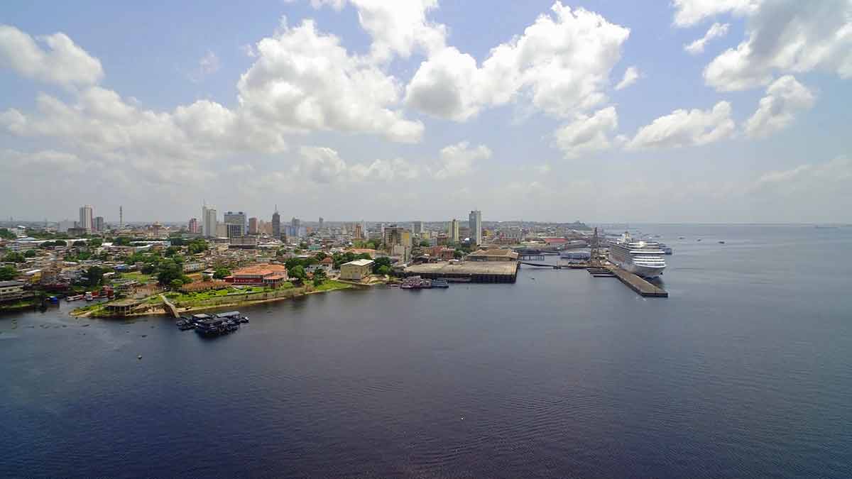 aerial view of manaus across the water