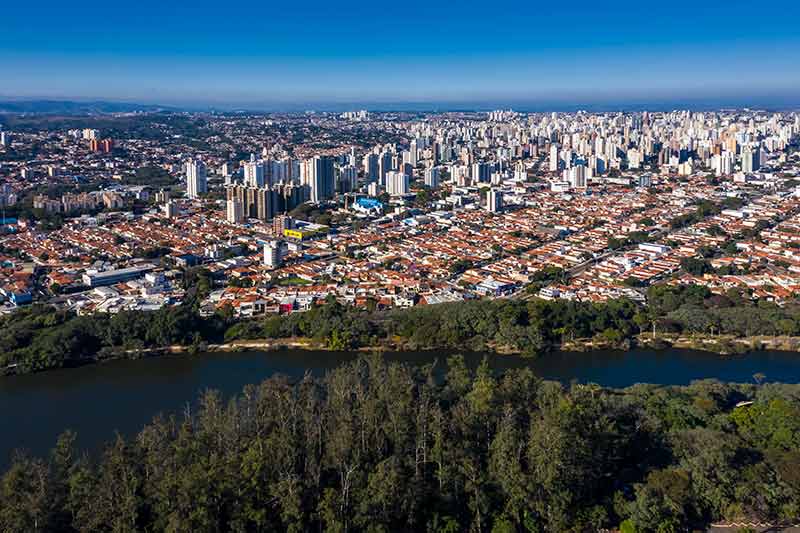 aerial view of Campinas city and taquaral lagoon