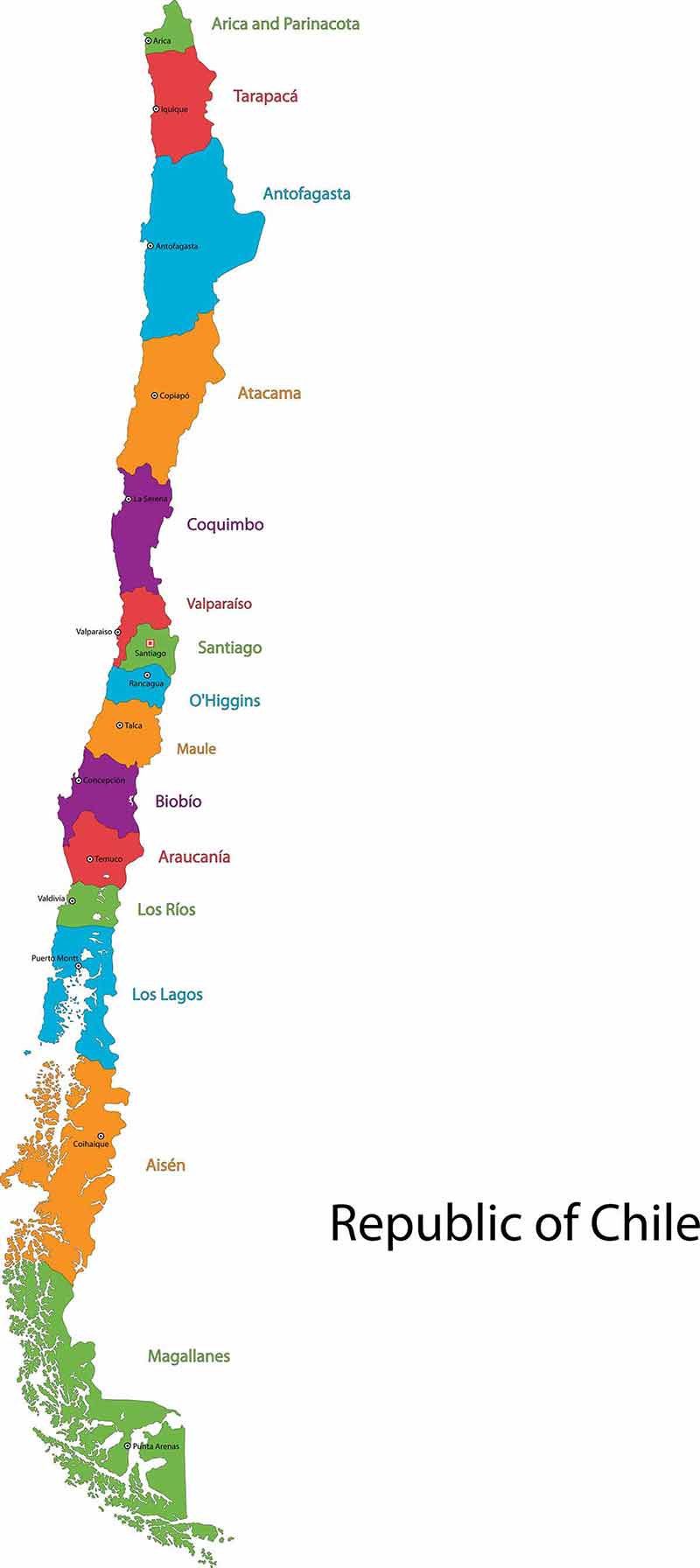 Chile Map regions in bright colors and the main cities.