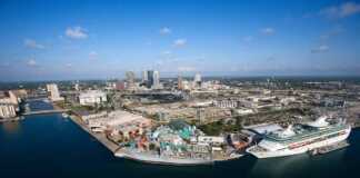 Aerial view of Tampa Bay Area, Florida, with water and cruise ship.