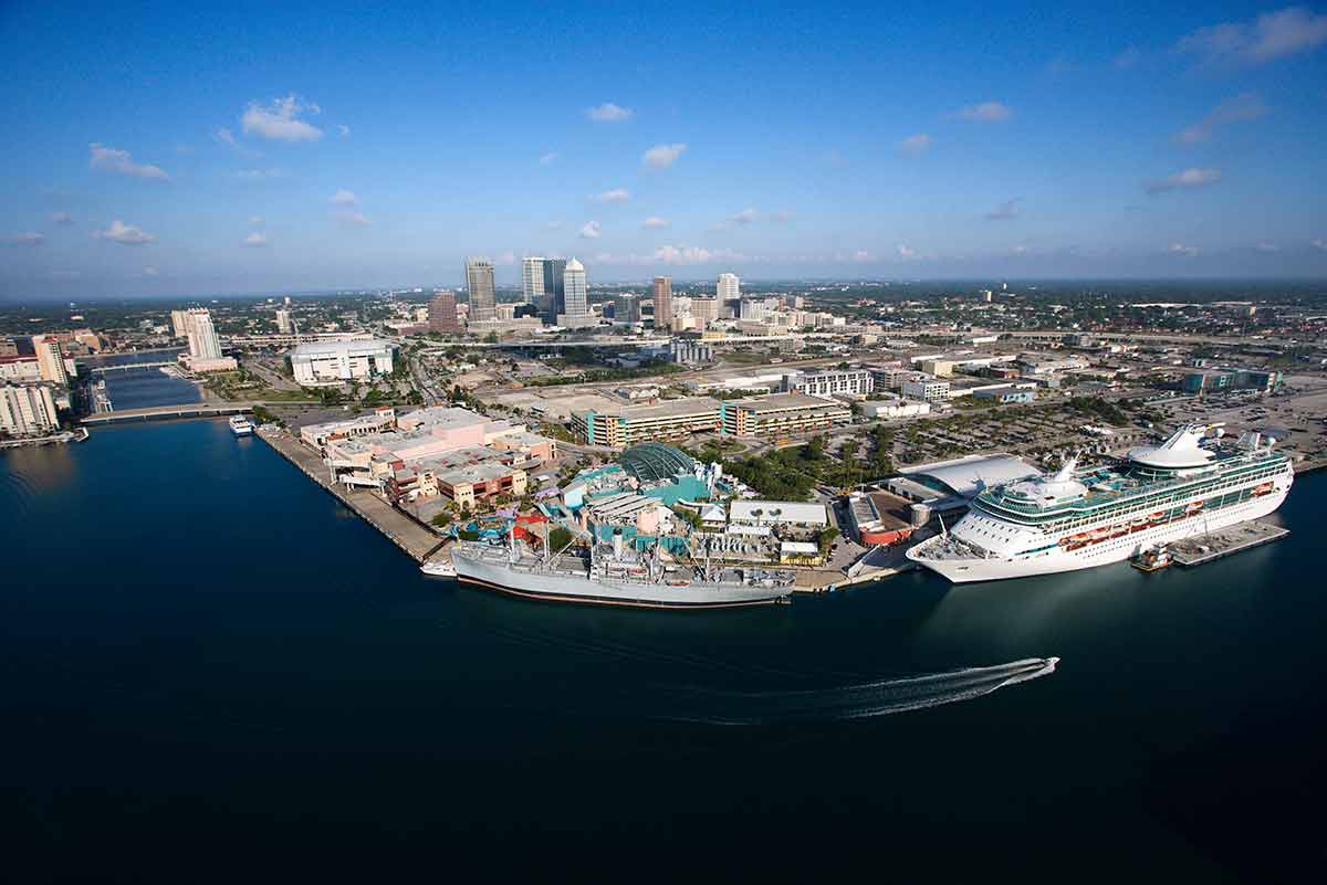 Aerial view of Tampa Bay Area, Florida, with water and cruise ship.