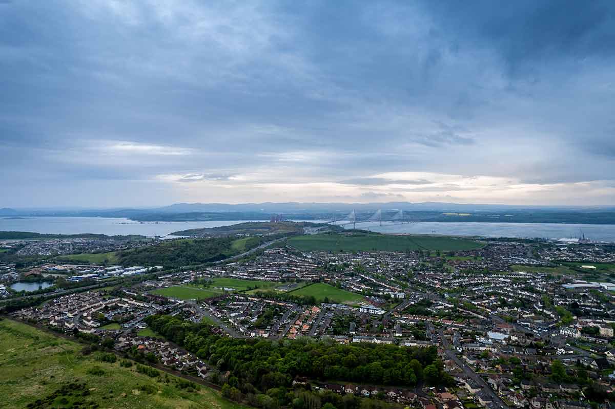 aerial view of city and water in Dunfermline
