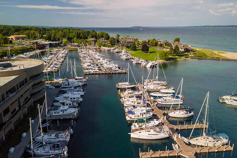 aerial view of the marina in traverse