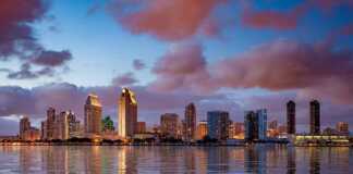 San Diego Skyline At Dusk Reflected In Sea