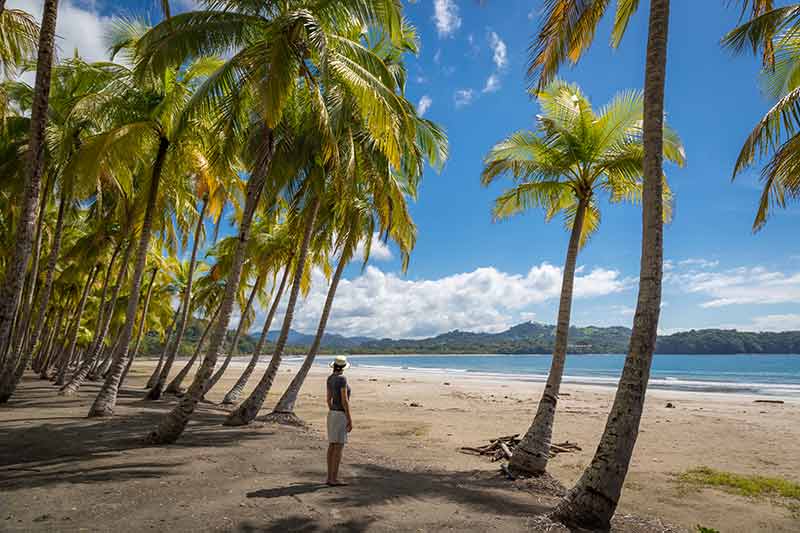 costa rica beaches samara beach woman wearing straw hat standing under the palms