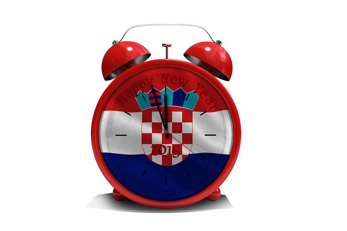 croatia in christmas Happy new year in red alarm clock against digitally generated croatia national flag