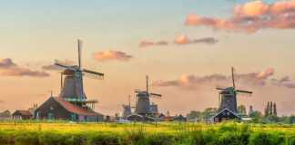 traditional village in Holland at sunset.