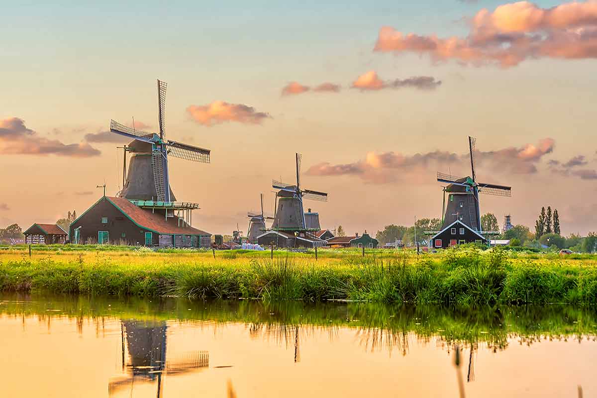 traditional village in Holland at sunset.