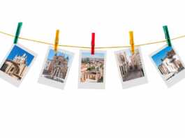 day trips from lisbon Five photos of Coimbra on clothesline isolated on white background with clipping path.