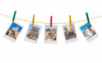 day trips from lisbon Five photos of Coimbra on clothesline isolated on white background with clipping path.