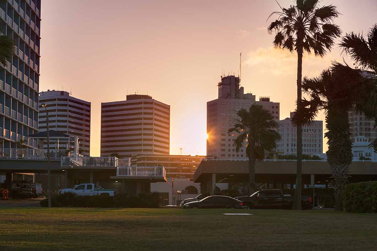 Sunset in Corpus Christi between the buildings