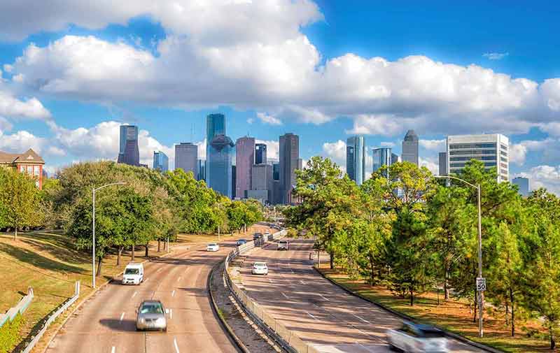 Downtown Houston skyline with blue sky
