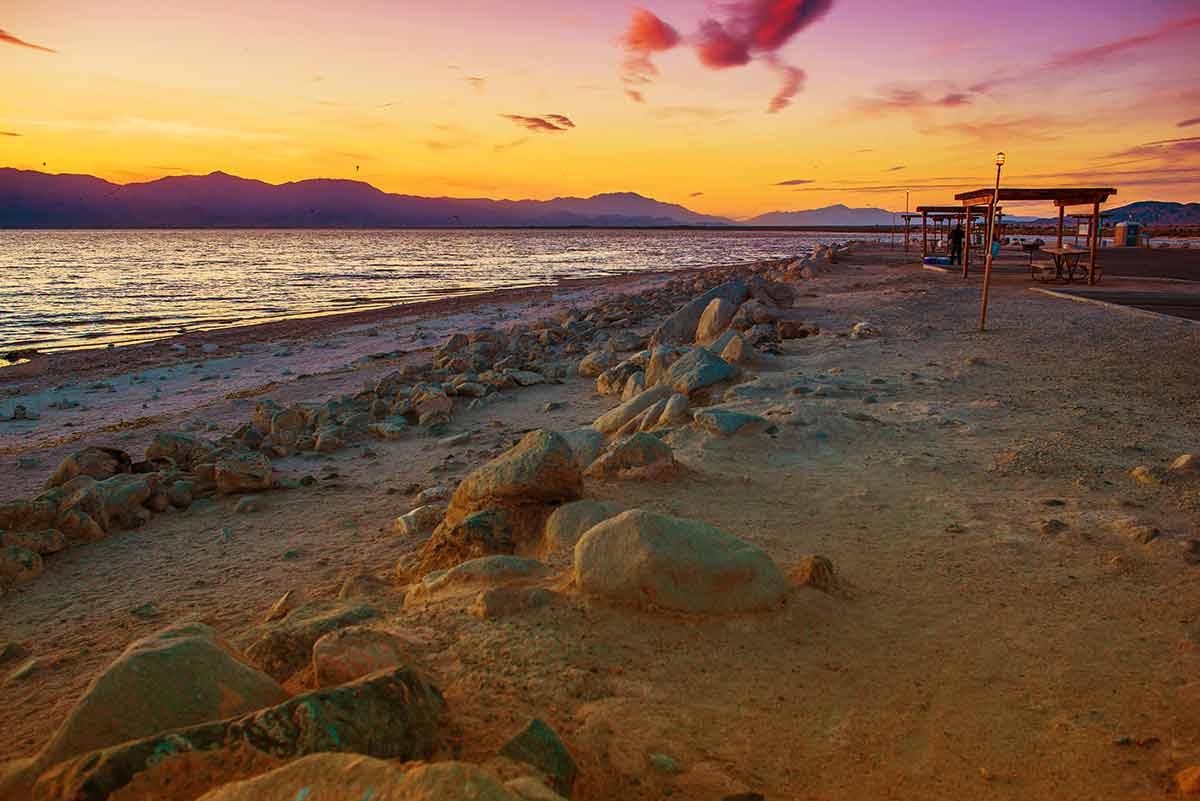 dog friendly day trips from los angeles Salton Sea Landscape at Sunset.