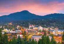 20 Oregon Cities And Towns That Are Perfect For Your Next Adventure distant view of eugene at sunset with mountain backdrop