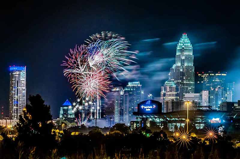 family things to do in charlotte nc 4th of July firework over Charlotte skyline.